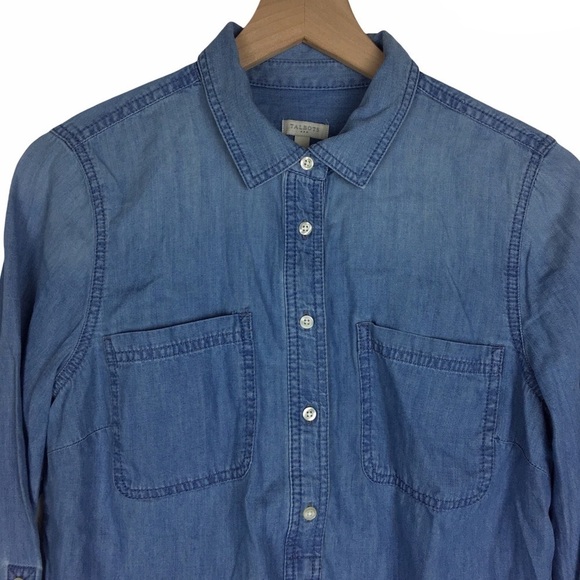 TALBOTS Top Blouse Chambray Popover Button Up Roll Tab Sleeves Minimalist Small - Picture 2 of 7